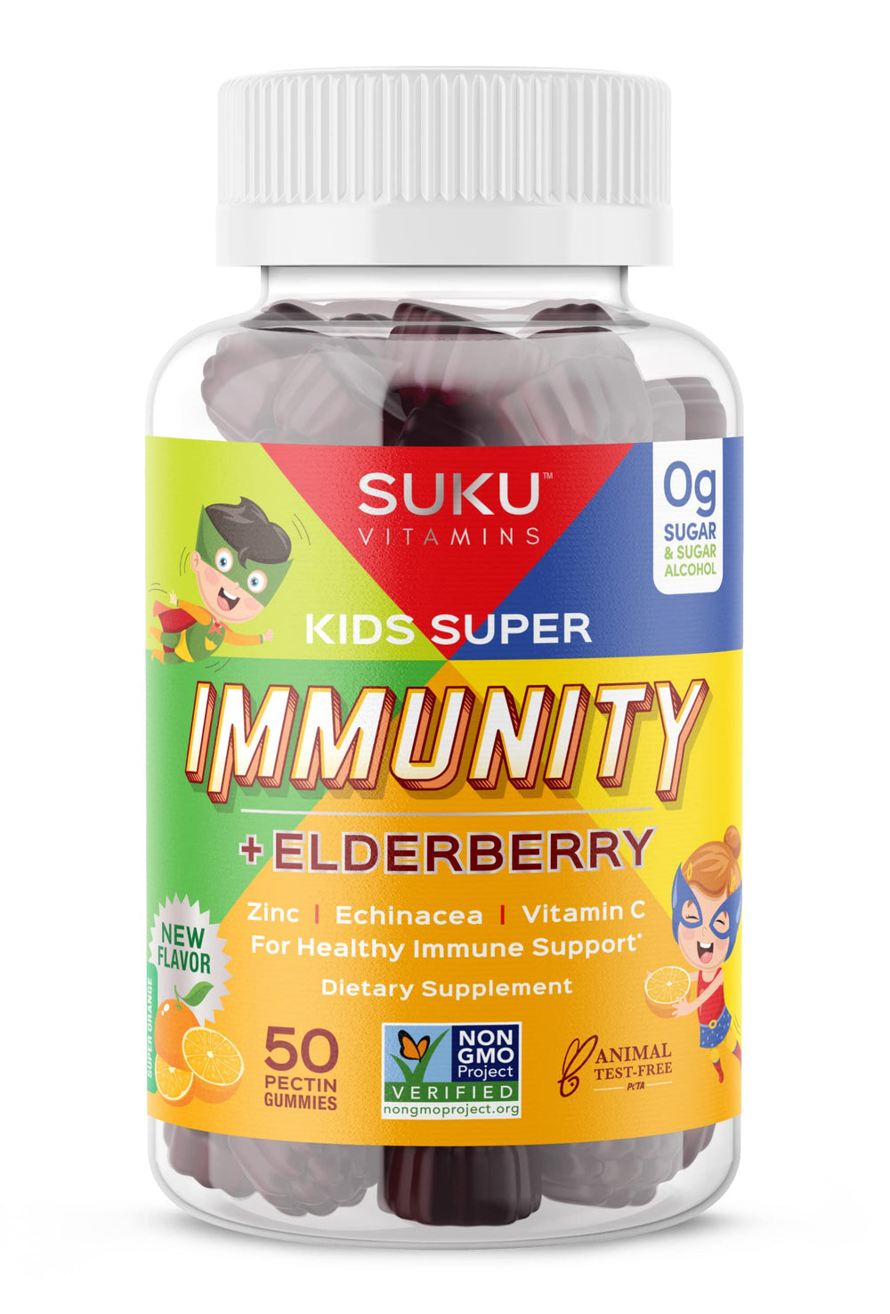 Front package view of SUKU Vitamins Kids Immunity Gummies Elderberry Echinacea Pomegranate Lime 50 count
