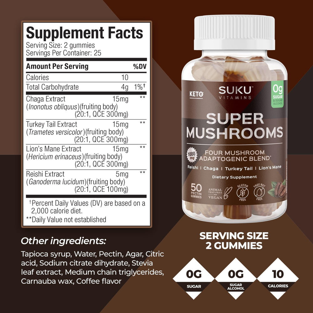 Non-GMO, gluten-free, sugar-free mushroom gummies by SUKU Vitamins