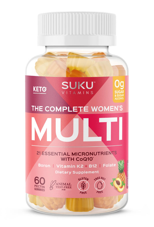 SUKU Vitamins Complete Women's Multi bottle with pineapple-peach flavor