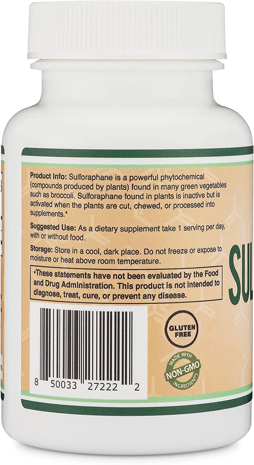 Bottle of sulforaphane supplement with broccoli sprouts background