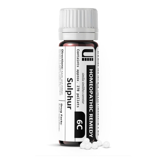 Sulphur 6C homeopathic remedy bottle with 270 lactose-free pellets