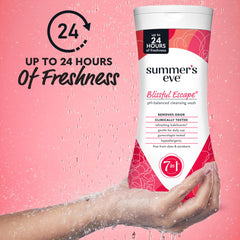 Summer's Eve Blissful Escape bottle side highlights pH-balanced formula for sensitive skin.