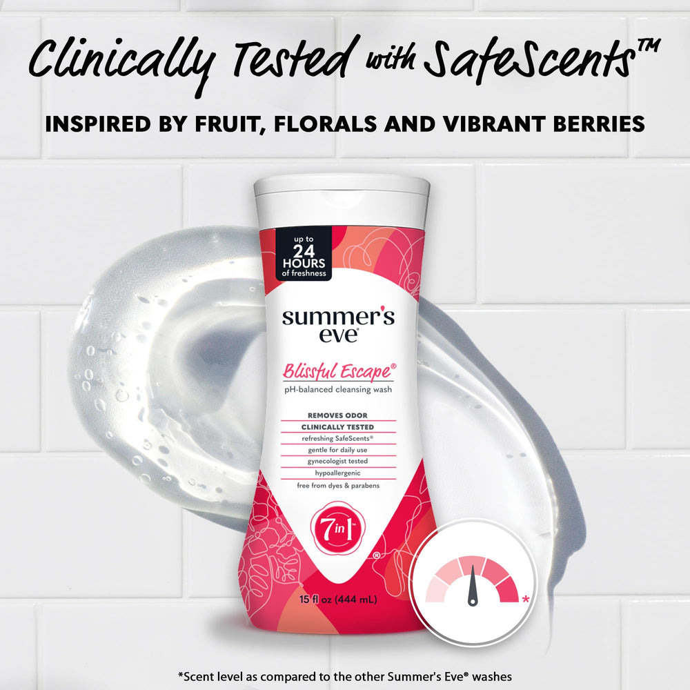 Summer's Eve Blissful Escape shower routine image suggests all-over cleansing confidence.