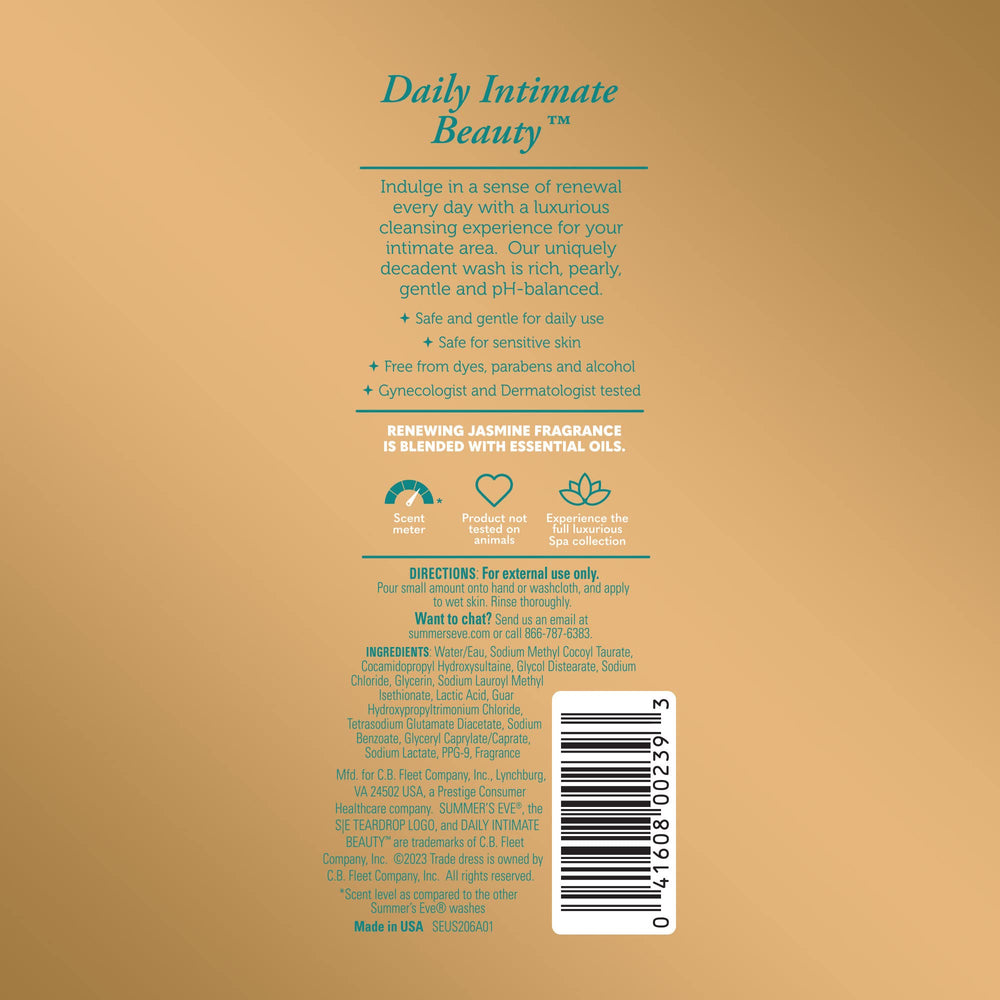 Packaging of Summer's Eve Spa Renewing Jasmine Wash emphasizes fragrance and safety for sensitive skin.