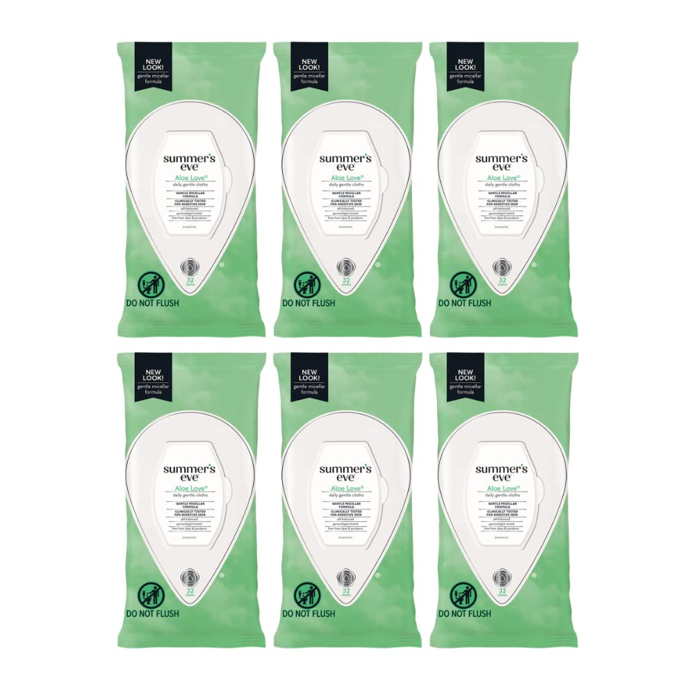 Summer's Eve Aloe Love cleansing cloths 32-count six-pack front view for daily freshening
