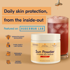 Close-up of Sun Powder Mocha skincare support supplement bottle label