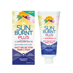 Sunburnt Plus after-sun gel bottle showing lidocaine for fast cooling and pain relief.