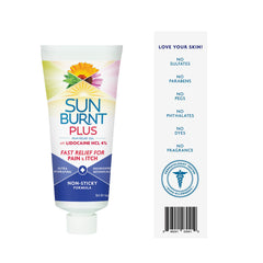 Sunburnt Plus packaging and tube design communicates clean sun care.