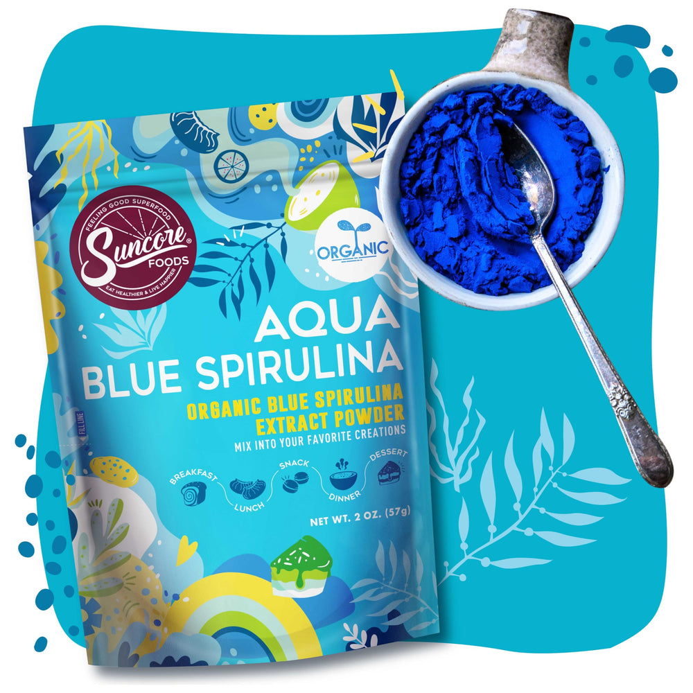 Resealable pouch with Suncore Aqua Blue Spirulina Powder