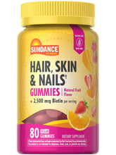 Sundance Biotin Gummies bottle showing 2,500 mcg per serving, 80 count, fruit flavor, vegan and gluten-free.