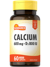 Front label of Sundance Calcium 600mg with Vitamin D3 bottle showing 60 caplets