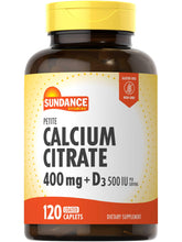 Bottle of Sundance Calcium Citrate with Vitamin D3 – 400 mg, 120 caplets, petite size.