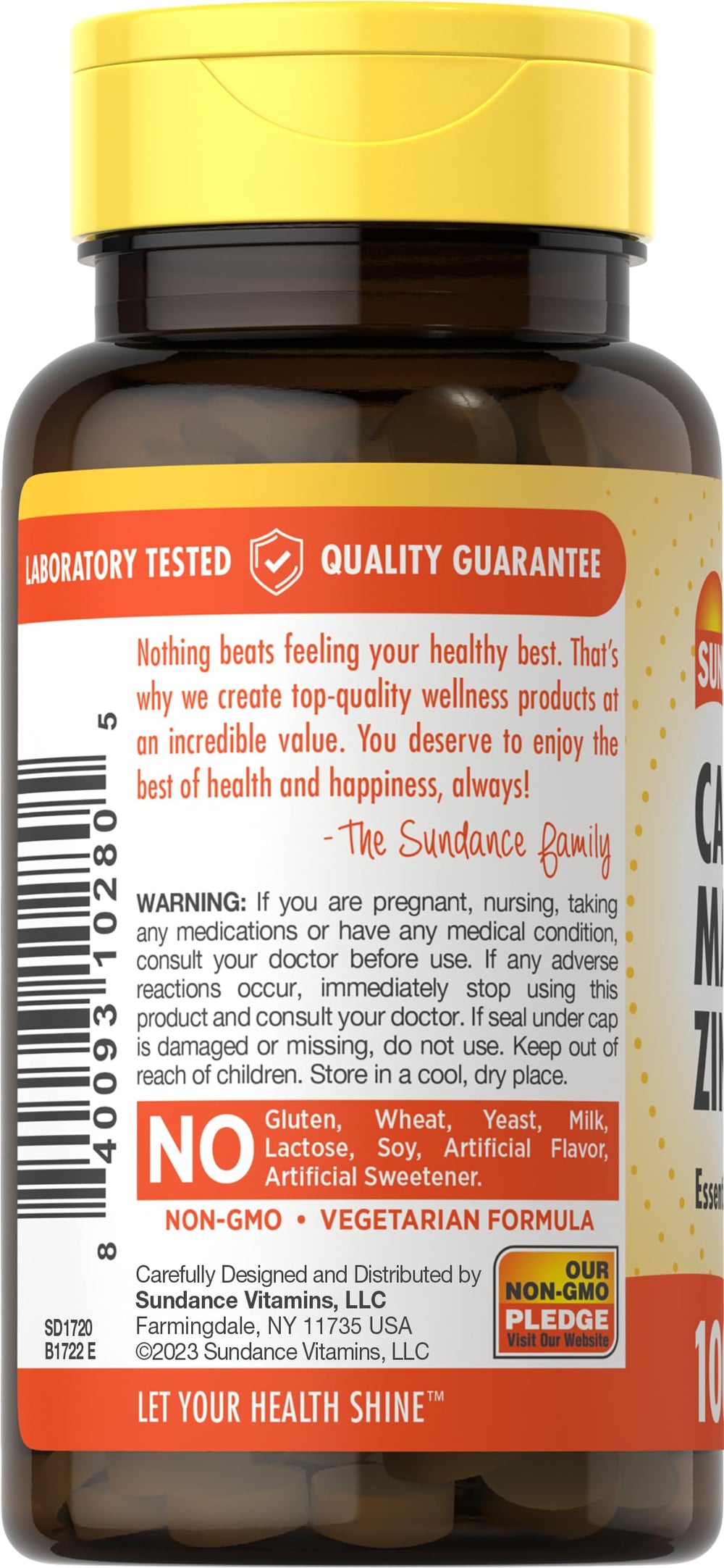 Icons showing Vegetarian, Non-GMO and Gluten-Free on Sundance label