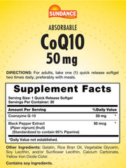 Close-up of CoQ10 softgels showing 50 mg per capsule