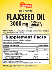 Back label showing supplement facts for Sundance Flaxseed Oil 3000mg