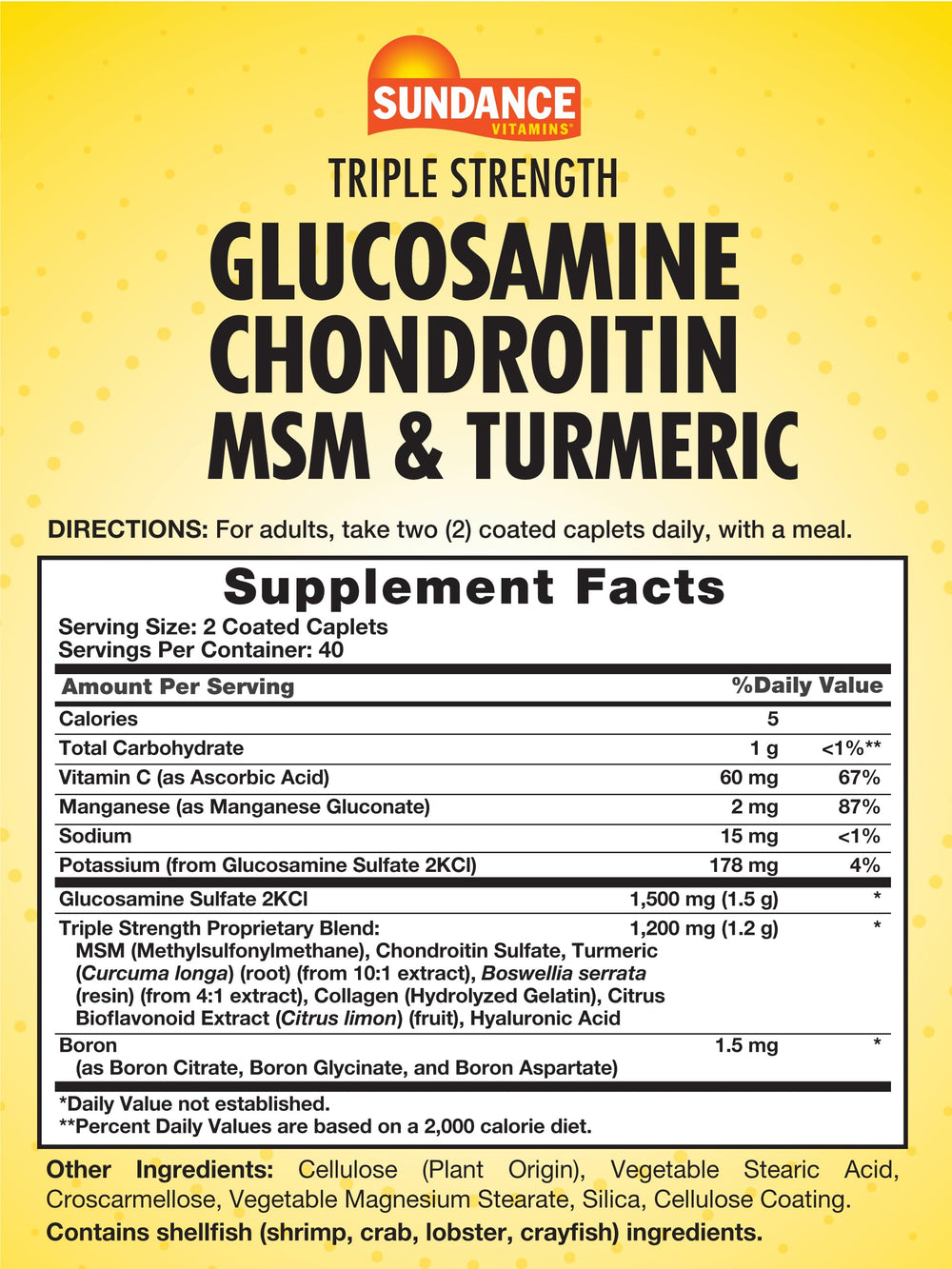 Close-up of Sundance Glucosamine Chondroitin with MSM and Turmeric caplets
