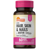 Sundance Hair Skin Nails vitamins 5000mcg coated caplet bottle close-up