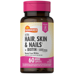 Sundance Hair Skin Nails vitamins 5000mcg coated caplet bottle close-up