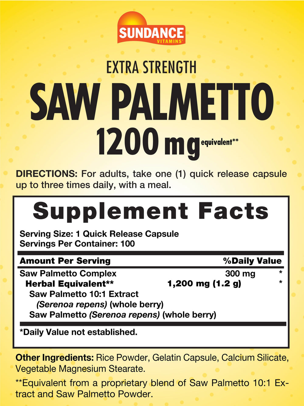 Close-up view of Sundance Saw Palmetto 1200mg quick-release capsules