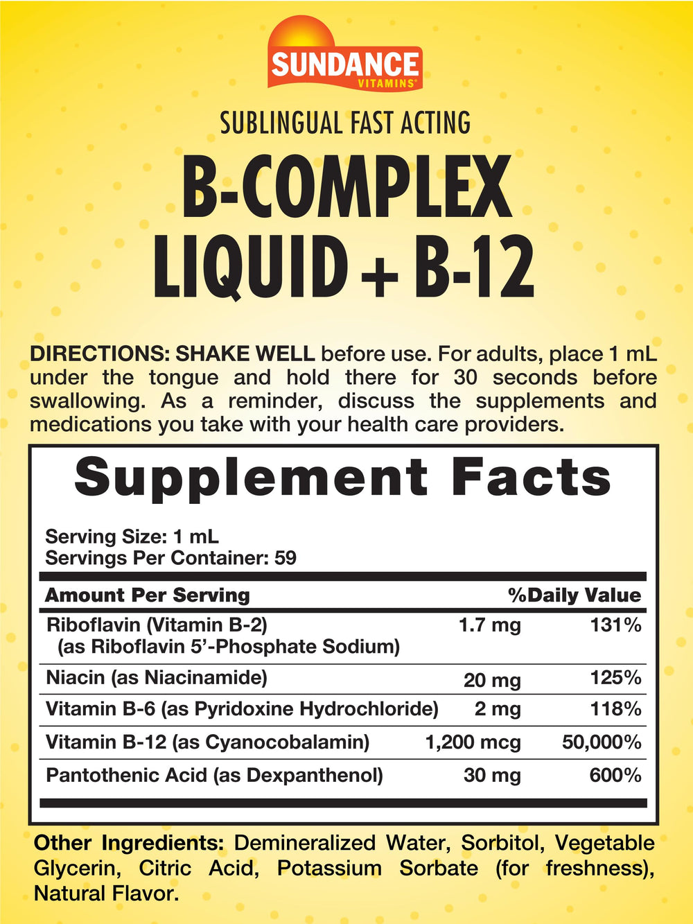 Packaging for Sundance Sublingual Vitamin B Complex Berry flavor 2 oz