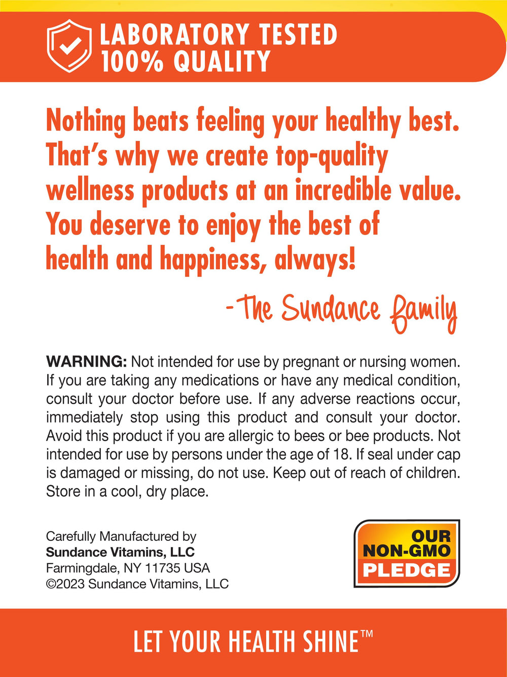 Sundance vitamins product packaging with Non-GMO and Gluten Free badge