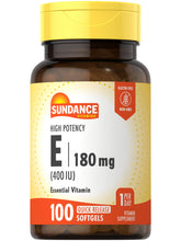 Front view of Sundance Vitamin E 180mg softgel bottle