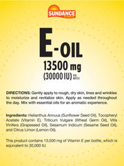 Vitamin E oil bottle label showing 13,500 mg (30,000 IU) per bottle