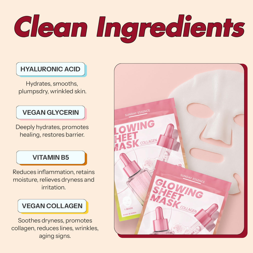 Sunday Essence Collagen Mask dermatologist-tested badge reinforces trust.