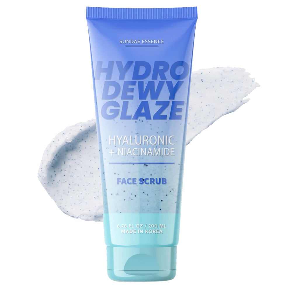 Sunday Essence Face Scrub bottle close-up highlighting hydrating formula for smoother skin.