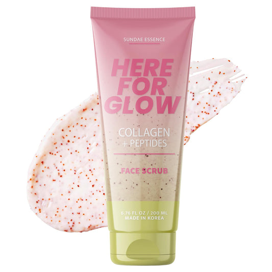 Sunday Essence face scrub bottle highlights collagen peptides for hydration and smoother skin.