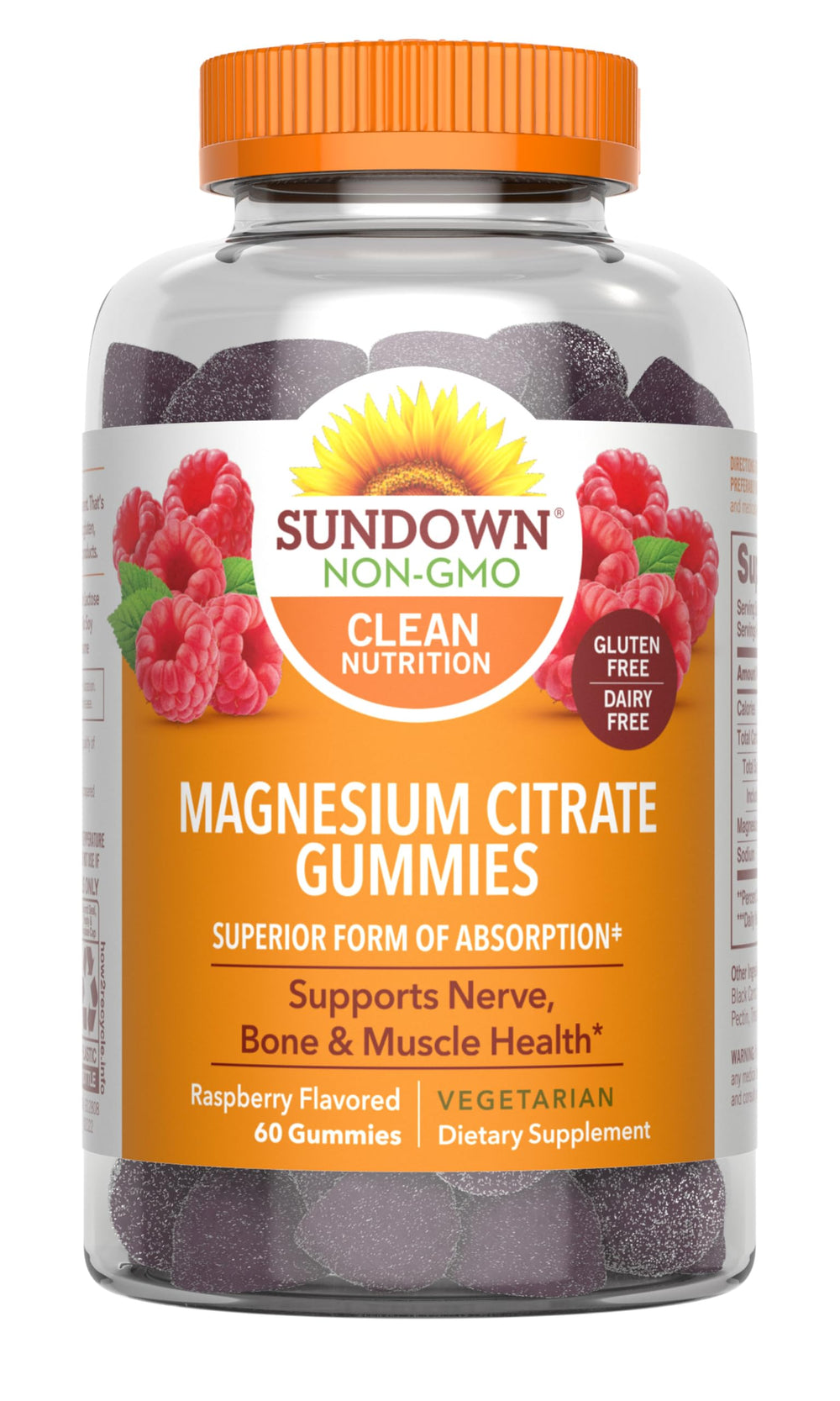 Front view of Sundown Magnesium Citrate Gummies Raspberry flavor bottle, 60 count