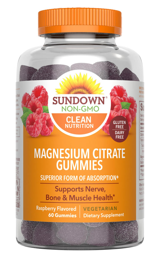 Front view of Sundown Magnesium Citrate Gummies Raspberry flavor bottle, 60 count