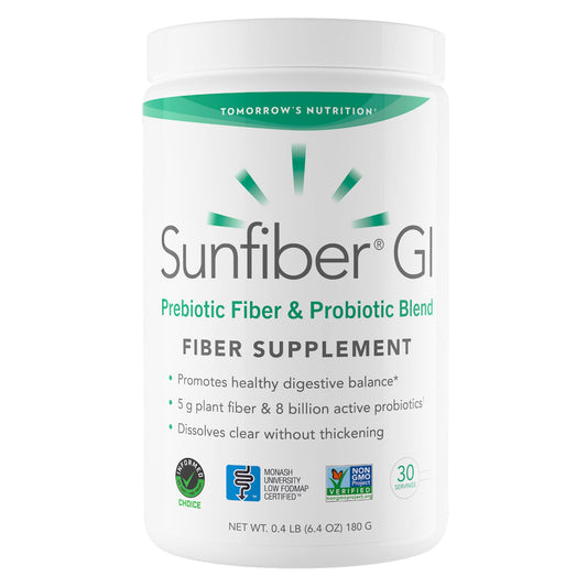 Tomorrow's Nutrition Sunfiber GI bottle showing 30-day supply