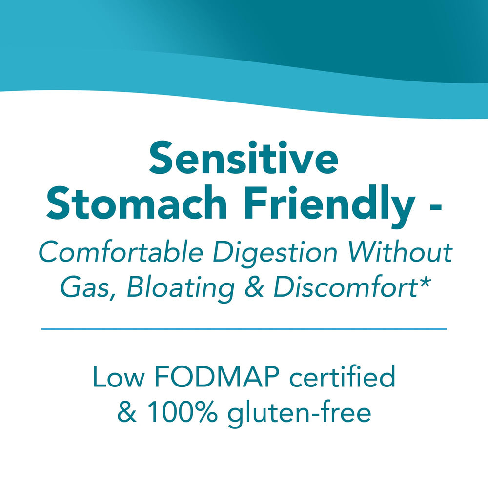 Sunfiber tub label close-up highlighting gluten-free and low FODMAP features