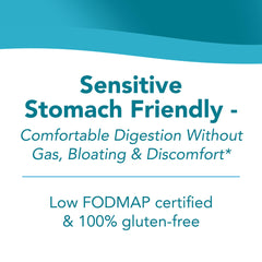 Sunfiber tub label close-up highlighting gluten-free and low FODMAP features