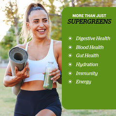 Close-up of greens ingredients including spirulina and chlorella