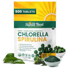 Front view of Sunlit Best Chlorella Spirulina tablets in organic USDA 500-pill bottle