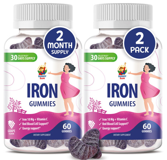 Sunny Sam Iron Gummies bottle with label showing 10 mg iron per serving