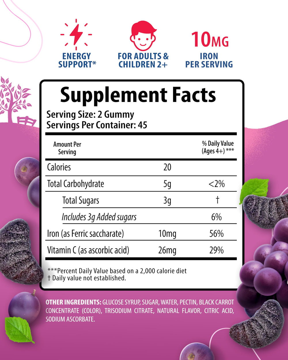 Close-up of grape-flavored Sunny Sam Iron Gummies
