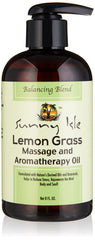 Sunny Isle Lemon Grass Massage and Aromatherapy Oil bottle front view, brown glass, 8 oz