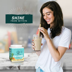 Healthy lifestyle scene featuring vegan collagen-building powder