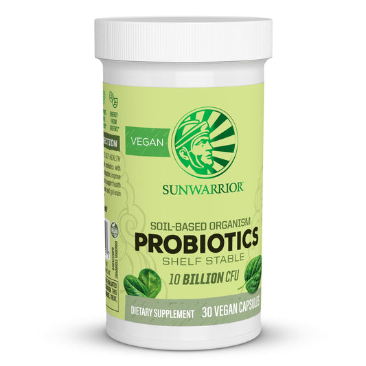 Sunwarrior Probiotics soil-based vegan capsules bottle with label