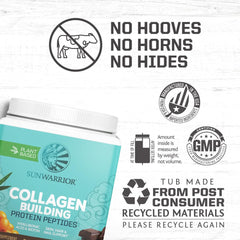 Scoop of chocolate Sunwarrior vegan collagen building powder being added to a beverage