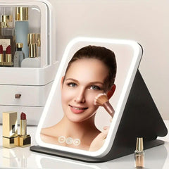 The suonee folded-compact travel mirror stores easily for on-the-go use.