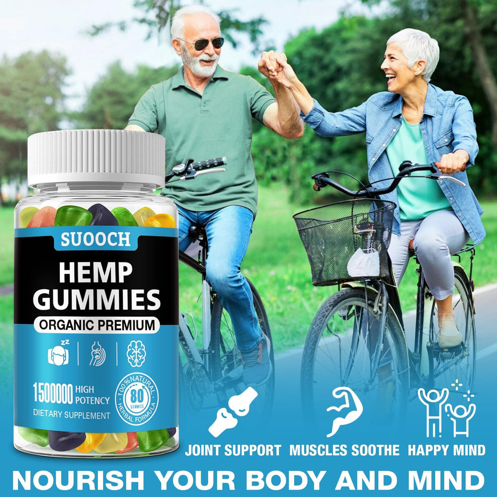 SUOOCH hemp gummies bundle on shelf with gluten-free claim.