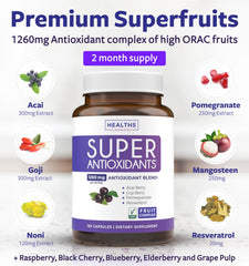 Assorted antioxidant fruits collage including acai, goji, pomegranate and elderberry