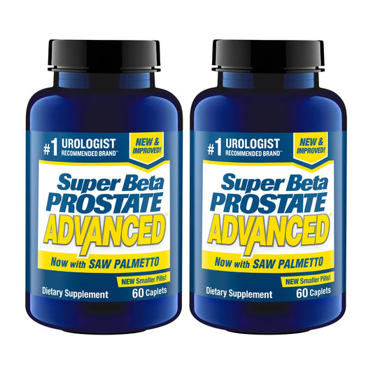 Bottle of SUPER BETA PROSTATE Advanced with Saw Palmetto on white background