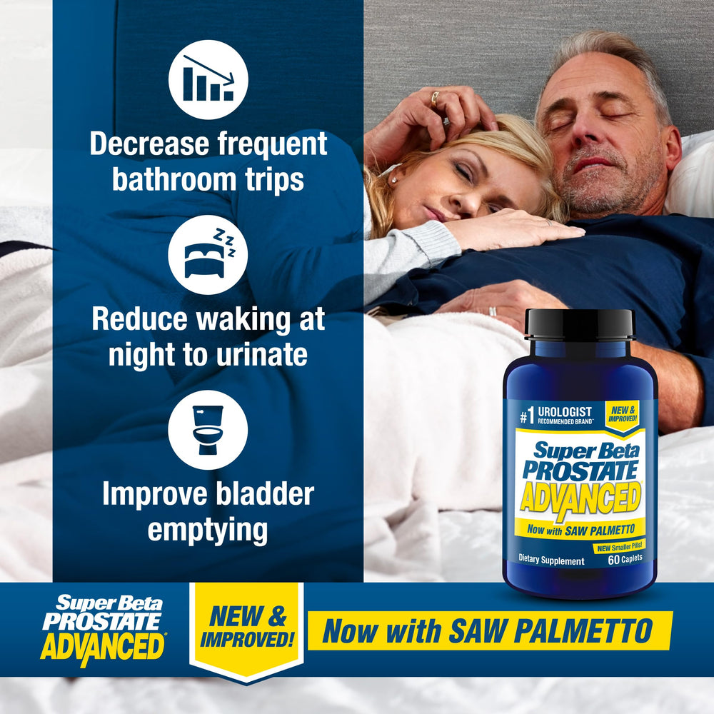 Super Beta Prostate Advanced bottle label emphasizes saw palmetto and beta-sitosterol benefits.