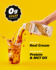 Vanilla label close-up shows creamy texture and lactose-free formula.