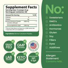Grass-fed bovine colostrum powder ingredients label